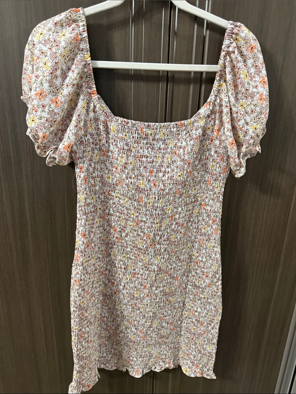 Floral Smocked Midi Dress with Puff Sleeves - Cream/Peach - Picture 6 of 6
